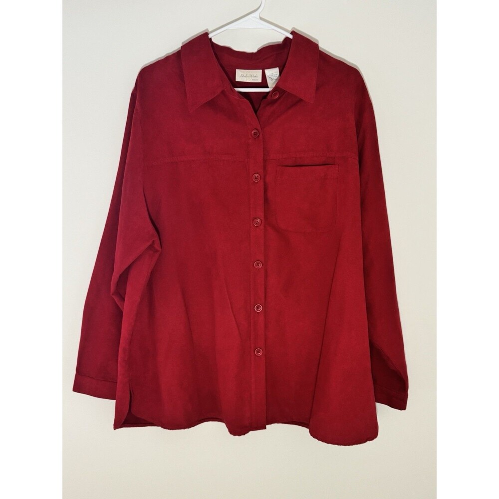Studio Works Woman Red Soft Faux Suede Button Down Shirt Size 2X Vintage Retro